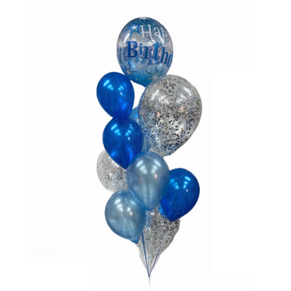 Blue Happy Birthday confetti balloon gift with coordinating latex balloons